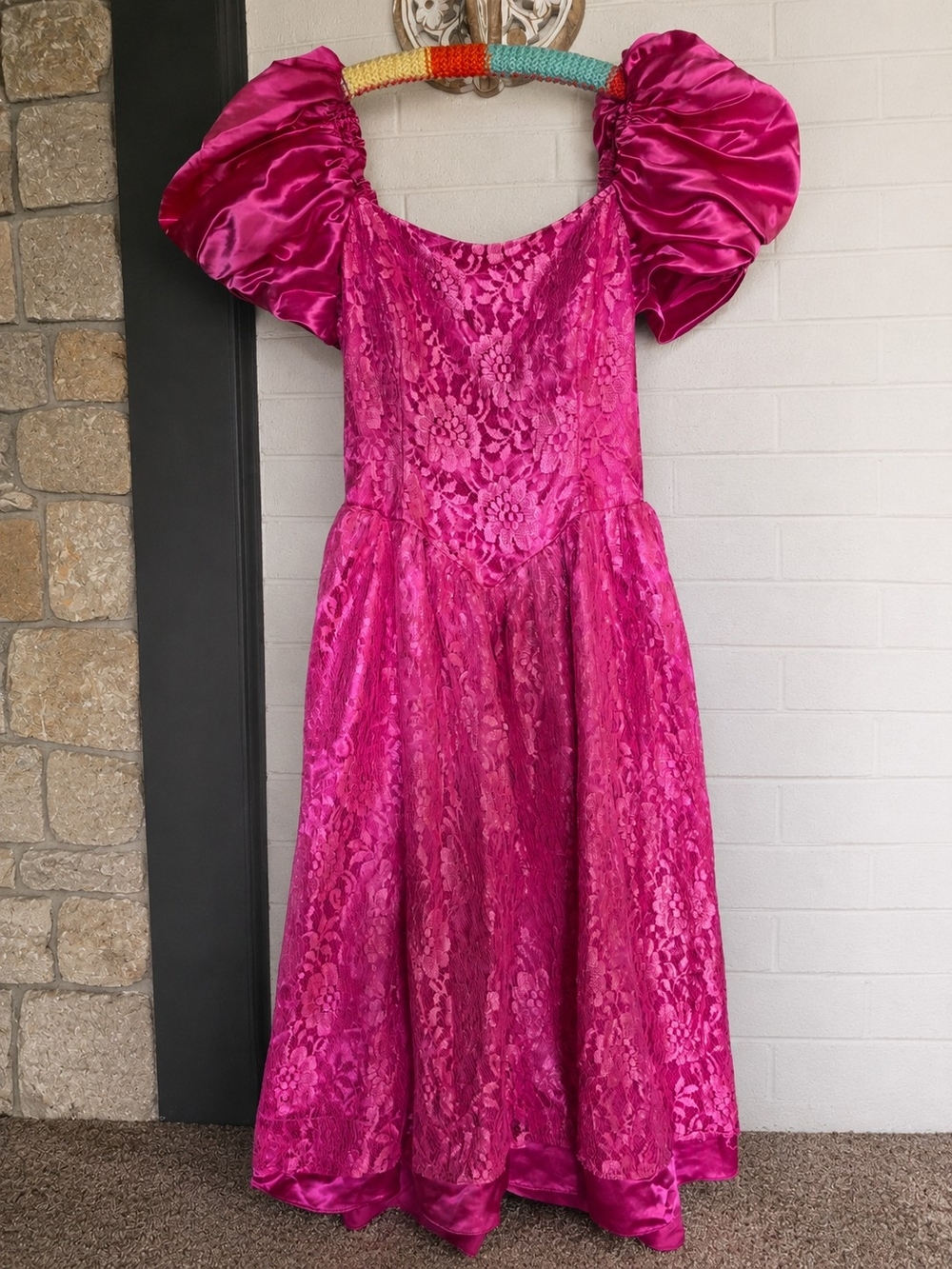 True 1980s Nu-Mode Fuchsia Pink Satin Puff Sleeve Gown • Barbie Coquette Prom M